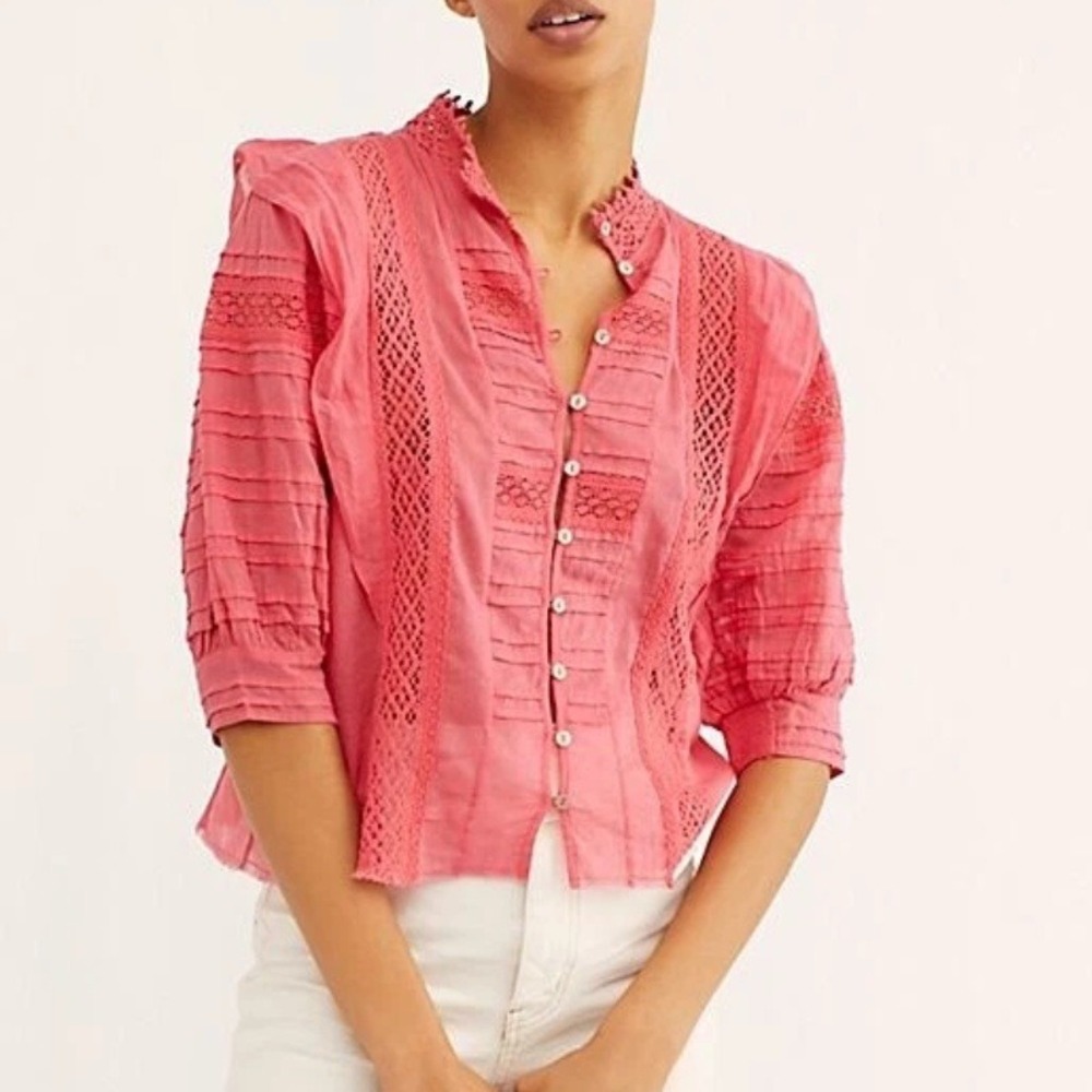 Free‎ People FP One Roselind High Neck Crochet Embroidered Top XS Pink Blouse